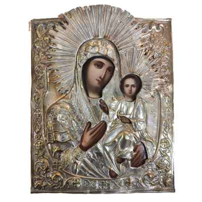 Икона в окладе и киоте Богоматерь Одигитрия масло латунь втор. пол. XIX в. 27x21,8 см.  2 половина XIX века