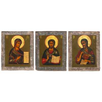 Иконы Деисус трехчастный басма серебрение XIX в. 32х25 см.  ХІХ век