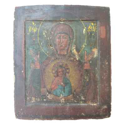 Икона в окладе Богоматерь Знамение темпера, латунь, 37x27x5 см.  XVIII век