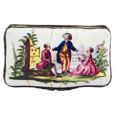 Шкатулка-табакерка Влюбленные в парке фарфор, Европа втор. пол. XVIII в. 3,5x9,2 см. Европа вторая половина XVIII века