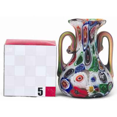 Ваза с ручками из мозаичного стекла Mille fíori Мурано ХХ в. Н-7,4 см. Мурано ХХ век