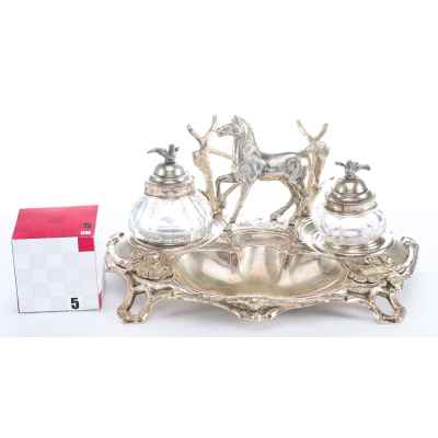 Письменный прибор Конь у изгороди серебро 800 пр. Европа до 1874 г. 21х11 см. 410 гр. Австро-Веигрия (?) до 1874 г.