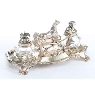 Письменный прибор Конь у изгороди серебро 800 пр. Европа до 1874 г. 21х11 см. 410 гр. Австро-Веигрия (?) до 1874 г.