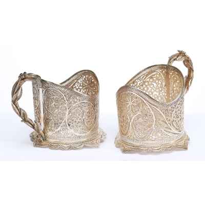 Парные подстаканники скань серебро 875 пр. Россия 208 гр. Н-7,8 см. Россия XX век