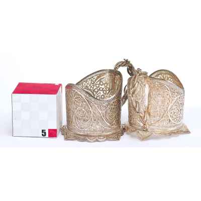 Парные подстаканники скань серебро 875 пр. Россия 208 гр. Н-7,8 см. Россия XX век