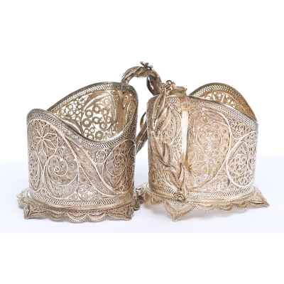 Парные подстаканники скань серебро 875 пр. Россия 208 гр. Н-7,8 см. Россия XX век