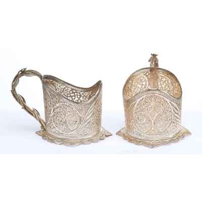 Парные подстаканники скань серебро 875 пр. Россия 208 гр. Н-7,8 см. Россия XX век