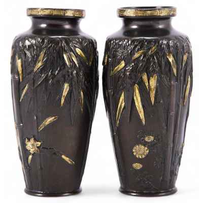 Парные декоративные вазы «Маргаритки и бамбук» Япония конец XIX- начало XX вв