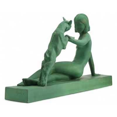 Скульптурная композиция Девушка с козленком Ар Деко скульпт. J. C. Guero Европа Начало XX века