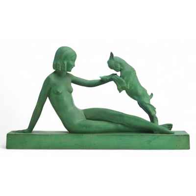 Скульптурная композиция Девушка с козленком Ар Деко скульпт. J. C. Guero Европа Начало XX века