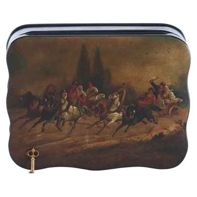 Шкатулка «Две летящие тройки» Россия. Фабрика О.Ф. Вишнякова 1870-гг