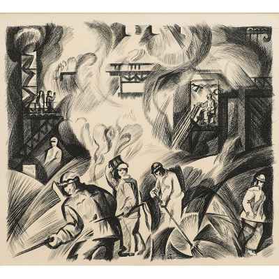 Маркин Г. И. литография Вырубщики металла 1976 г. 46x56,5 см. Нижний Тагил 1976