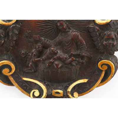 Барельеф Богоматерь с Младенцем и Иоанном Крестителем дерево XVII в. 39x39,5x6,2 см. Европа Вторая половина XVII века