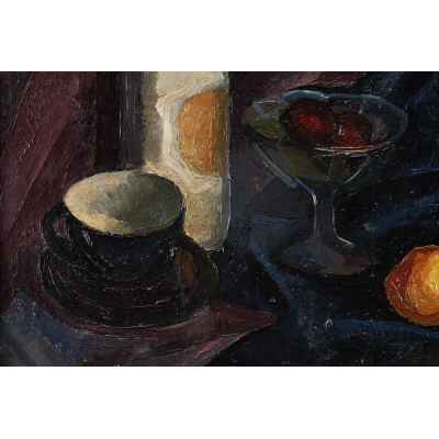 Натюрморт с бутылкой,чашкой и фруктами Россия 1930 гг
