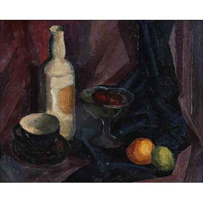Натюрморт с бутылкой,чашкой и фруктами Россия 1930 гг