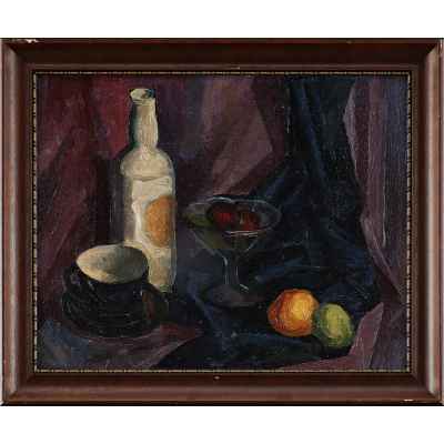 Натюрморт с бутылкой,чашкой и фруктами Россия 1930 гг