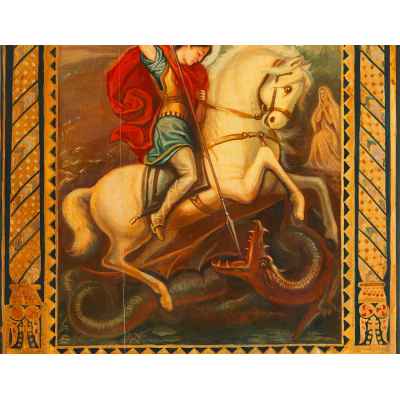 Икона чудо Святого Георгия о змие, масло, XX в.  53,5x39,5x2,5 см.  Вторая половина XX века