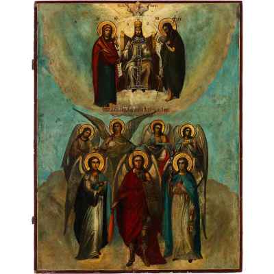 Икона Собор Архангела Михаила и прочих Небесных Сил бесплотных масло сер. XIX в. 65x50 см.  конец ХІХ века