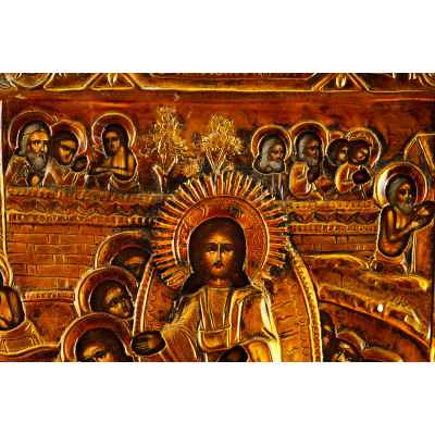 Икона в окладе Воскресение Сошествие во Ад темпера, латунь кон. XIX в. 62x47,5 см.  вторая половина ХІХ века
