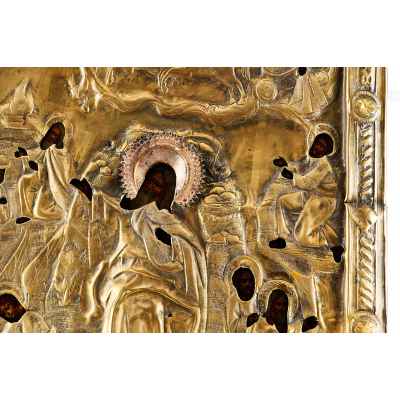 Икона в окладе Огненное восхождение пророка Илии темпера, латунь кон. XIX в. 39x34,7 см.  Вторая половина XIX века