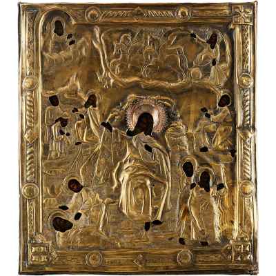 Икона в окладе Огненное восхождение пророка Илии темпера, латунь кон. XIX в. 39x34,7 см.  Вторая половина XIX века