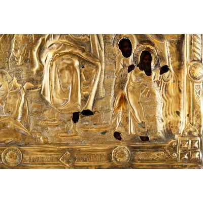 Икона в окладе Огненное восхождение пророка Илии темпера, латунь кон. XIX в. 39x34,7 см.  Вторая половина XIX века