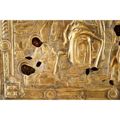 Икона в окладе Огненное восхождение пророка Илии темпера, латунь кон. XIX в. 39x34,7 см.  Вторая половина XIX века