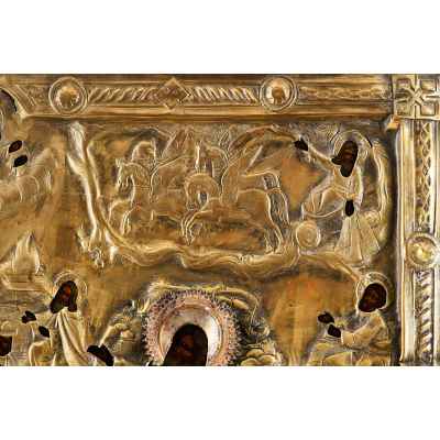 Икона в окладе Огненное восхождение пророка Илии темпера, латунь кон. XIX в. 39x34,7 см.  Вторая половина XIX века