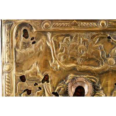 Икона в окладе Огненное восхождение пророка Илии темпера, латунь кон. XIX в. 39x34,7 см.  Вторая половина XIX века