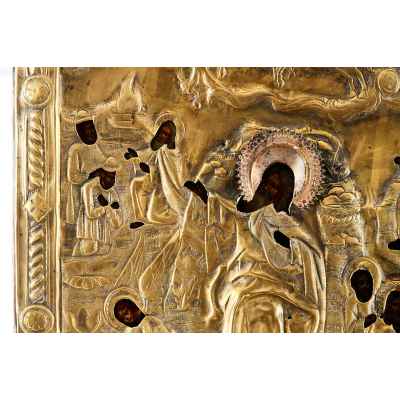 Икона в окладе Огненное восхождение пророка Илии темпера, латунь кон. XIX в. 39x34,7 см.  Вторая половина XIX века