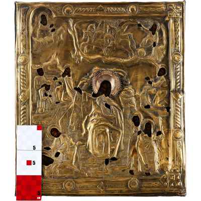 Икона в окладе Огненное восхождение пророка Илии темпера, латунь кон. XIX в. 39x34,7 см.  Вторая половина XIX века