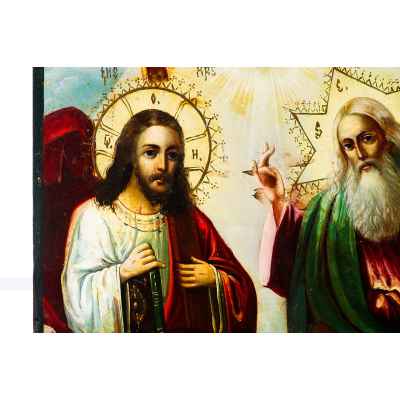 Икона Троица Новозаветная Отечество кон. XIX в. масло 58,3x39 см.  Конец XIX века