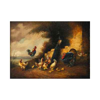 Богдан Каудецкий картина Птичий двор дерево, мало 1920–30-е гг. 37 x 50 см. Германия 1920 - 1930-гг