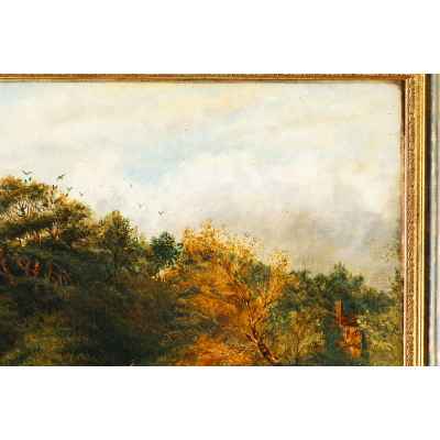 Барбизонцы E. Fock Мост через реку х/м Франция кон. XIX в. 39,5x61,5 см. Европа Начало XX века