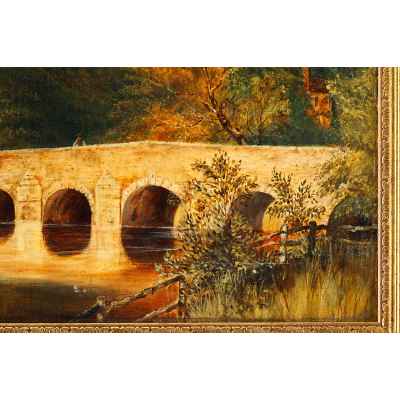 Барбизонцы E. Fock Мост через реку х/м Франция кон. XIX в. 39,5x61,5 см. Европа Начало XX века