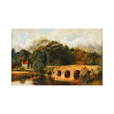 Барбизонцы E. Fock Мост через реку х/м Франция кон. XIX в. 39,5x61,5 см. Европа Начало XX века