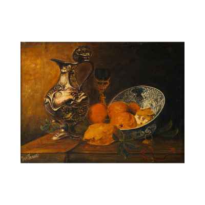 Kate Rammelt-Burqer Натюрморт с подсвечником и фруктами холст на карт., масло германия нач. ХХ в. 36,5x58,5 см. Германия Начало XX века