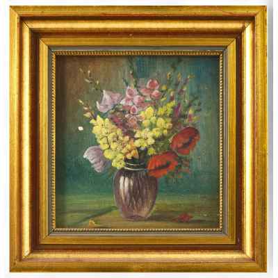 Н/Х натюрморт Букет цветов двп масло Европа втор. пол. ХХ в. 14,5х14 см.  Середина XX века