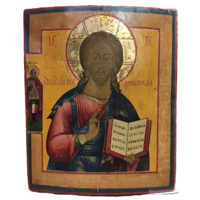 Икона в окладе Спас Вседержитель темпера, латунь, серебрение втор. пол. XIX в. 35,2х29,5 см.  Конец XIX века