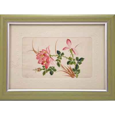 Открытка Цветущий шиповник шелк, акрил, Китай 1980-е гг. 7,8x12,6 см. Китай 80-гг -ХХ века
