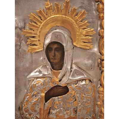 Икона Св. Трофим и Татиана темпера, латунь, сер. XIX в. 31,7x27,3x3,1 см.  середина XIX в