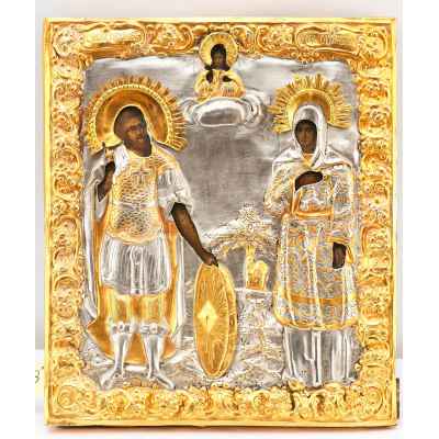 Икона Св. Трофим и Татиана темпера, латунь, сер. XIX в. 31,7x27,3x3,1 см.  середина XIX в