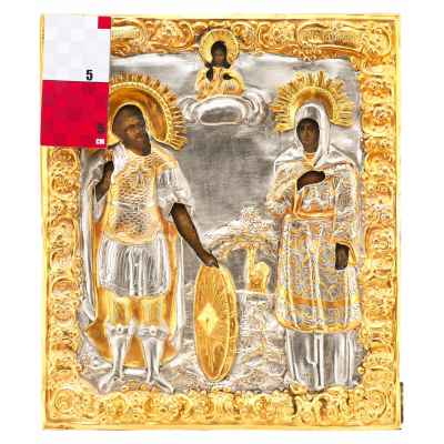 Икона Св. Трофим и Татиана темпера, латунь, сер. XIX в. 31,7x27,3x3,1 см.  середина XIX в