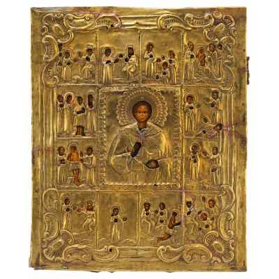 Икона Пантелеймон Целитель в житие масло латунь кон. XIX в. 36x30x2.5 см. Россия Последняя четверть XIX века