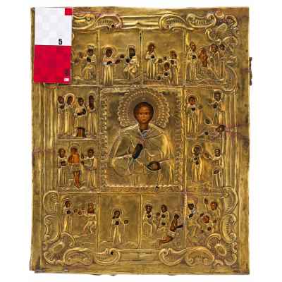 Икона Пантелеймон Целитель в житие масло латунь кон. XIX в. 36x30x2.5 см. Россия Последняя четверть XIX века