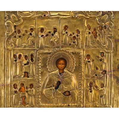 Икона Пантелеймон Целитель в житие масло латунь кон. XIX в. 36x30x2.5 см. Россия Последняя четверть XIX века