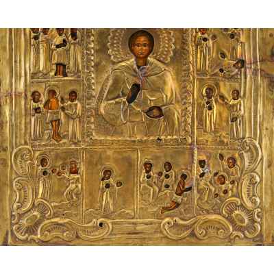 Икона Пантелеймон Целитель в житие масло латунь кон. XIX в. 36x30x2.5 см. Россия Последняя четверть XIX века