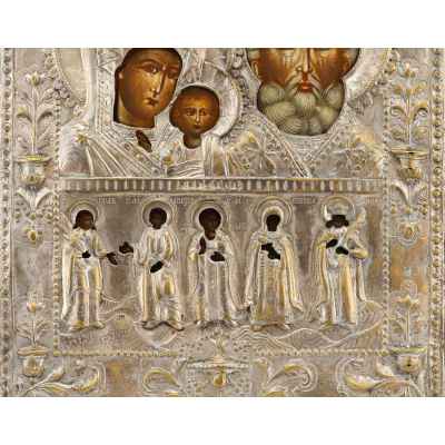 Икона Трехчастная Богоматерь Казанская, Николай Чудотворец, Избранные святые 27,8x23x1,3 см  Конец XIX века