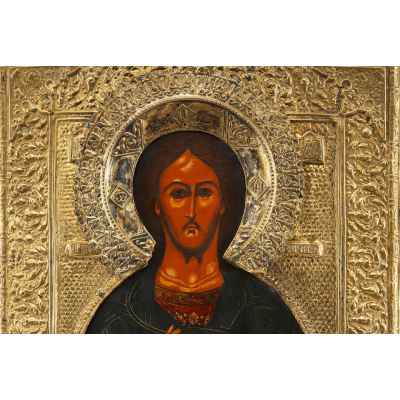 Икона Господь Вседержитель темпера, латунь кон. XIX в. 31,5x26x2 см.  конец ХІХ в