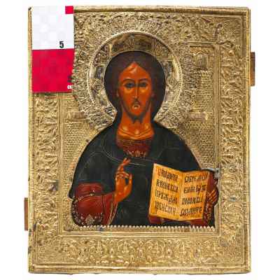 Икона Господь Вседержитель темпера, латунь кон. XIX в. 31,5x26x2 см.  конец ХІХ в